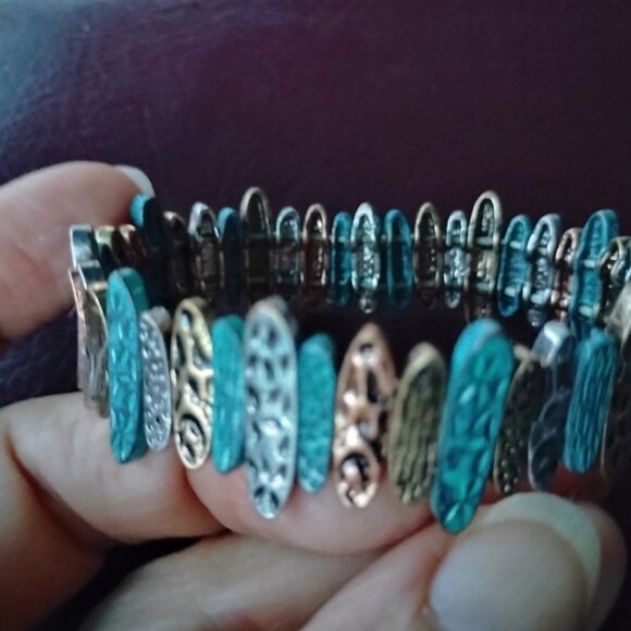 Bracelet Metal Narrow Oval Double holes Beads Tan Bronze Blue 2 Elastic Threads - Picture 9 of 9